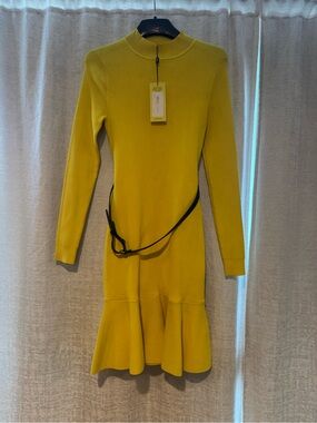 Karen Millen Chartreuse Long-Sleeve Ribbed Flared-Hem Dress